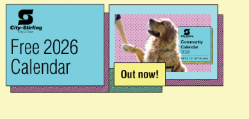 Image of 2026 community calendar featuring 'Pets of Stirling'. Text states 'out now!' featuring a golden retriever